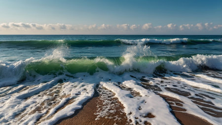 Panoramic view of the beach and the waves of the Mediterranean Sea