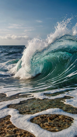 Ocean wave breaking on the shore. Close-up of ocean wave