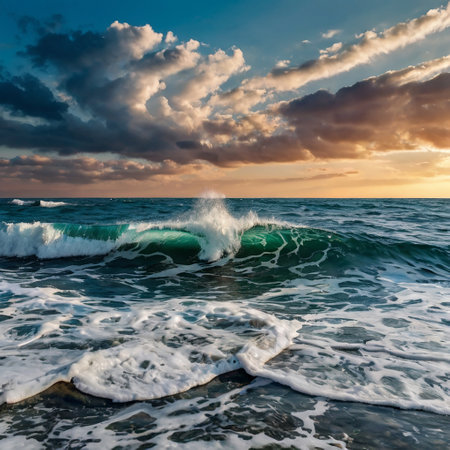 Seascape. Waves on the seashore at sunset.の写真素材