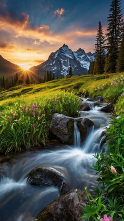 Mountain stream in the mountains at sunset. Beautiful summer landscape.の写真素材