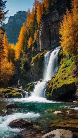Waterfall in the mountains. Beautiful autumn landscape. Mountain river.の写真素材