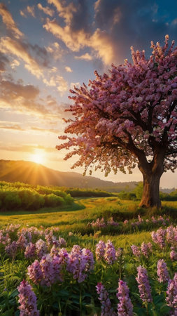 Beautiful spring landscape with blooming tree and sunset in the backgroundの写真素材