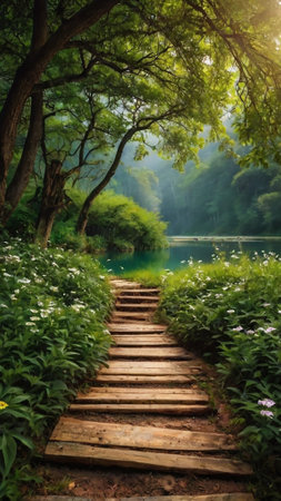 Wooden path in the green park with a lake and flowers.の写真素材