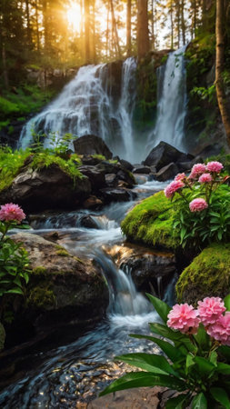 Waterfall in the forest with pink rhododendron flowersの写真素材