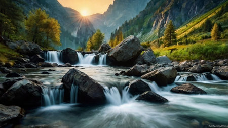 Waterfall in the mountains. Landscape with a mountain river.の写真素材