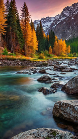 Mountain river in the autumn forest. Mountain river in the mountains.の写真素材