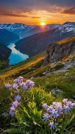 Sunset in the mountains. Beautiful summer landscape with alpine meadow and lake.