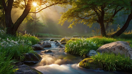 Beautiful river in the forest at sunrise. Nature landscape background.の写真素材