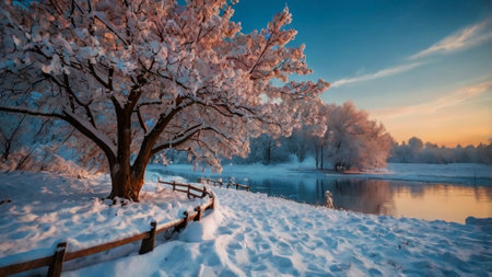 Beautiful winter landscape with frozen river and trees in hoarfrostの写真素材