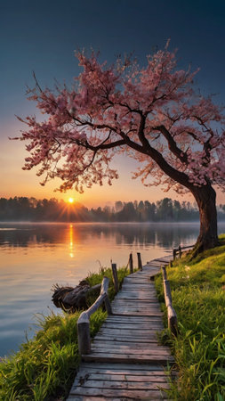 Beautiful cherry blossom tree on the lake at sunrise time.の写真素材