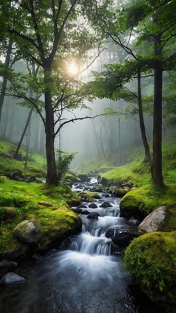 Waterfall in the green forest with fog and sunbeams.の写真素材