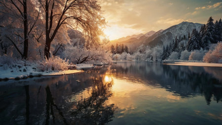 Beautiful winter landscape with frozen lake and snow covered trees at sunsetの写真素材