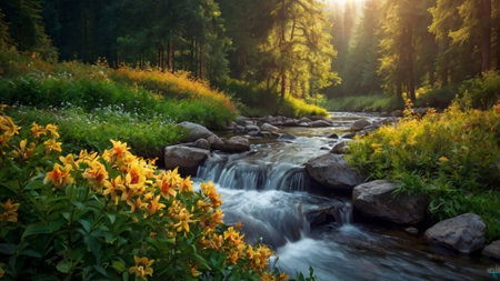 Mountain river with yellow flowers in the forest. Beautiful summer landscape.の写真素材