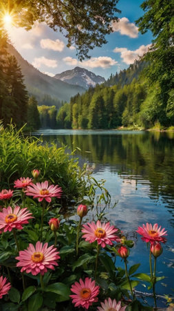 Beautiful summer landscape with a lake in the mountains and pink flowersの写真素材