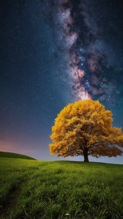 Beautiful autumn landscape with a lonely tree and milky way.の写真素材