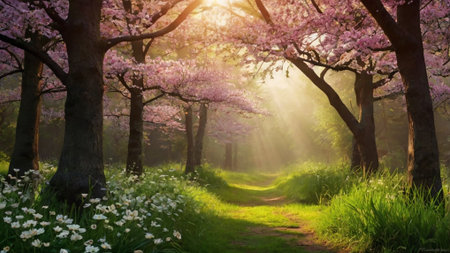 Cherry blossoms in full bloom in the park with a pathの写真素材