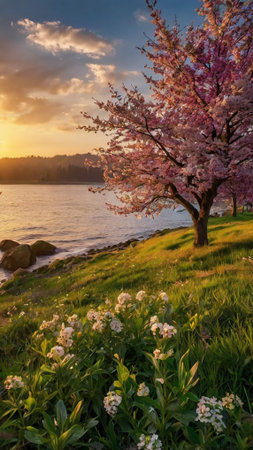 Cherry blossoms in bloom by the lake at sunset, Washington.