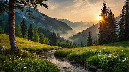 Sunset in the mountains. Beautiful summer landscape with river and forestの写真素材