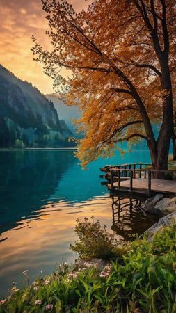 Autumn landscape with lake and wooden pier on background of mountains.
