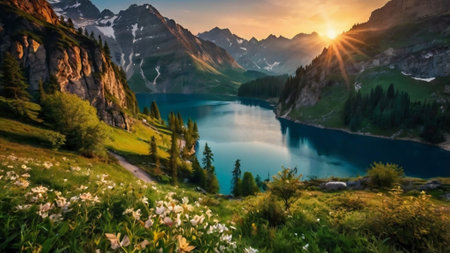 Panoramic view of idyllic alpine lake in the mountains at sunsetの写真素材