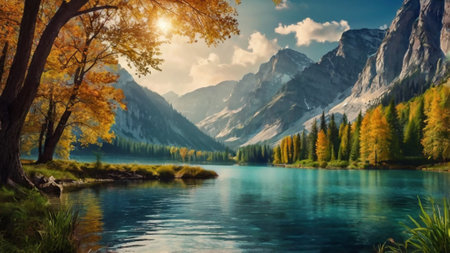 Beautiful autumn landscape with mountain lake and forest. Panoramic viewの写真素材