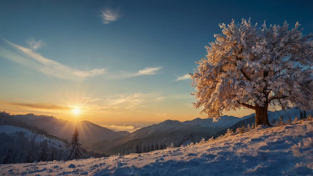 Beautiful winter landscape with snowy tree at sunset. Carpathian, Ukraineの写真素材