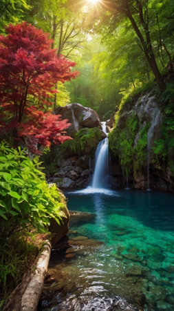Beautiful waterfall in autumn forest. Soft focus and blur effect.の写真素材