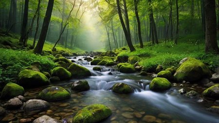 Mountain stream in the green forest. Beautiful nature scenery. Beauty in nature.