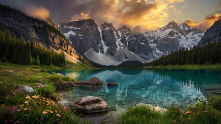 Sunset at Moraine lake in Banff National Park, Canadaの写真素材