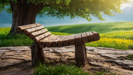 Wooden bench under a tree in a meadow in the morningの写真素材