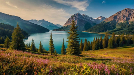 Panoramic view of the lake and mountains in the background, Switzerland.の写真素材