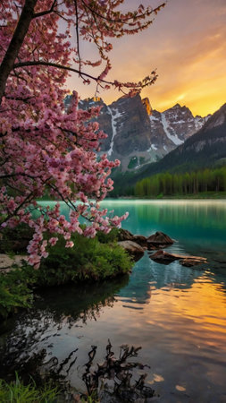 Alpine lake in the Dolomites at sunrise, Italy.の写真素材