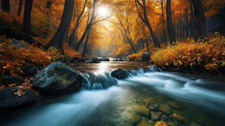 Autumn forest with a river flowing through it. Beautiful autumn landscape.の写真素材
