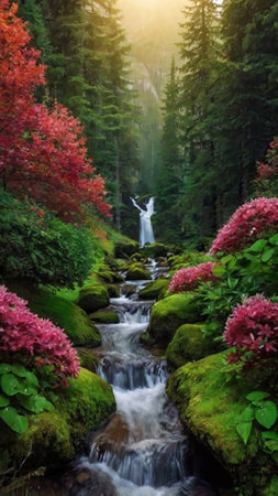 Beautiful waterfall in autumn forest with pink flowers and green moss.の写真素材