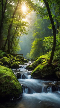 Mountain river flowing through the forest. Beautiful landscape in summertime.の写真素材