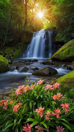 Beautiful lily flowers and waterfall in the forest at sunset.の写真素材