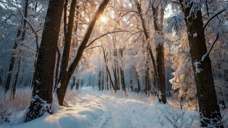 Beautiful winter landscape with snow-covered trees in the forest.の写真素材
