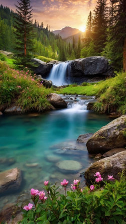 Beautiful mountain landscape with a small waterfall in the Carpathian mountainsの写真素材