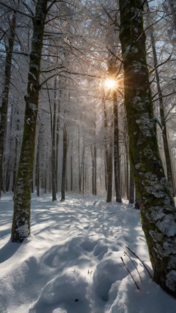Beautiful winter forest with snow covered trees and sunbeams.の写真素材