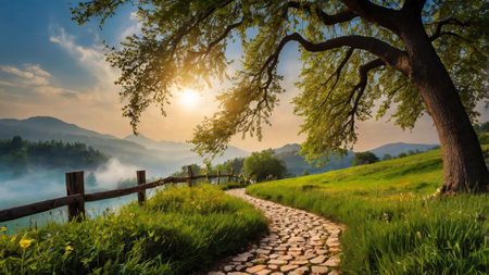 Sunrise in the mountains. Beautiful spring landscape with a path in the mountains.の写真素材