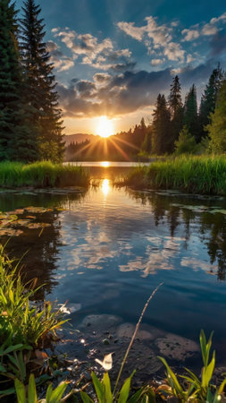 Sunset on the lake in the Carpathian mountains. Ukraineの写真素材