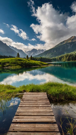 Beautiful alpine lake with clear turquoise water and wooden boardwalkの写真素材