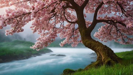 Cherry blossom on a background of river and mountain landscape.の写真素材