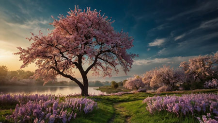 Spring landscape with blooming cherry blossoms and lake in the backgroundの写真素材