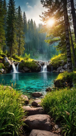 Beautiful turquoise emerald water of mountain creek among green forest and high rocksの写真素材