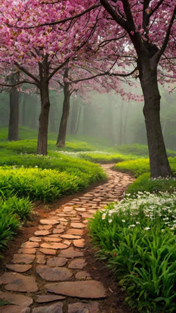 Cherry blossoms in a park in springtime with a stone path