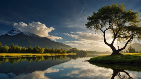 Reflection of tree on lake and mountains in background, New Zealandの写真素材