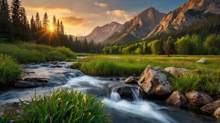 Mountain river in the mountains at sunset. Tatra National Park, Polandの写真素材