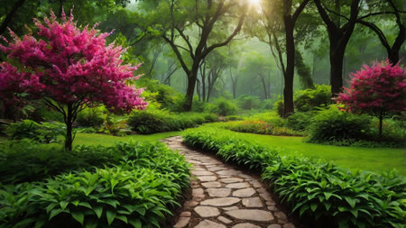 Beautiful spring garden with pathway and blooming flowers in the morningの写真素材