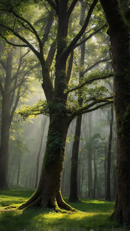 Morning in the forest with fog and sunbeams through the treesの写真素材